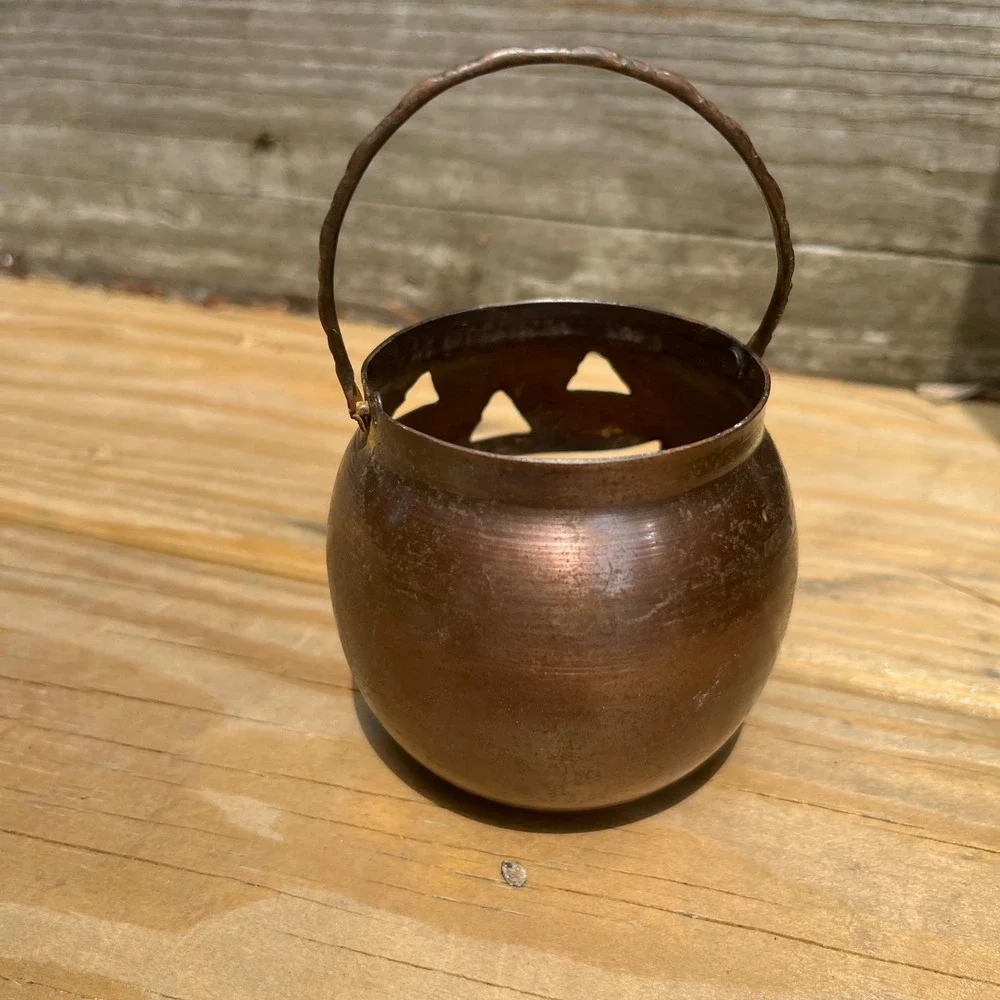 Vintage Hosley USA Copper Jack-O-Lantern Metal Votive Holder Halloween Decor